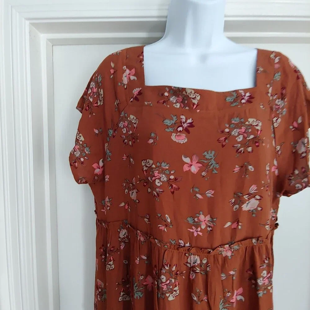 Natural Life Brown Floral Tiered Granola Soft Girl Square Neck Cottage Dress L - Picture 4 of 14